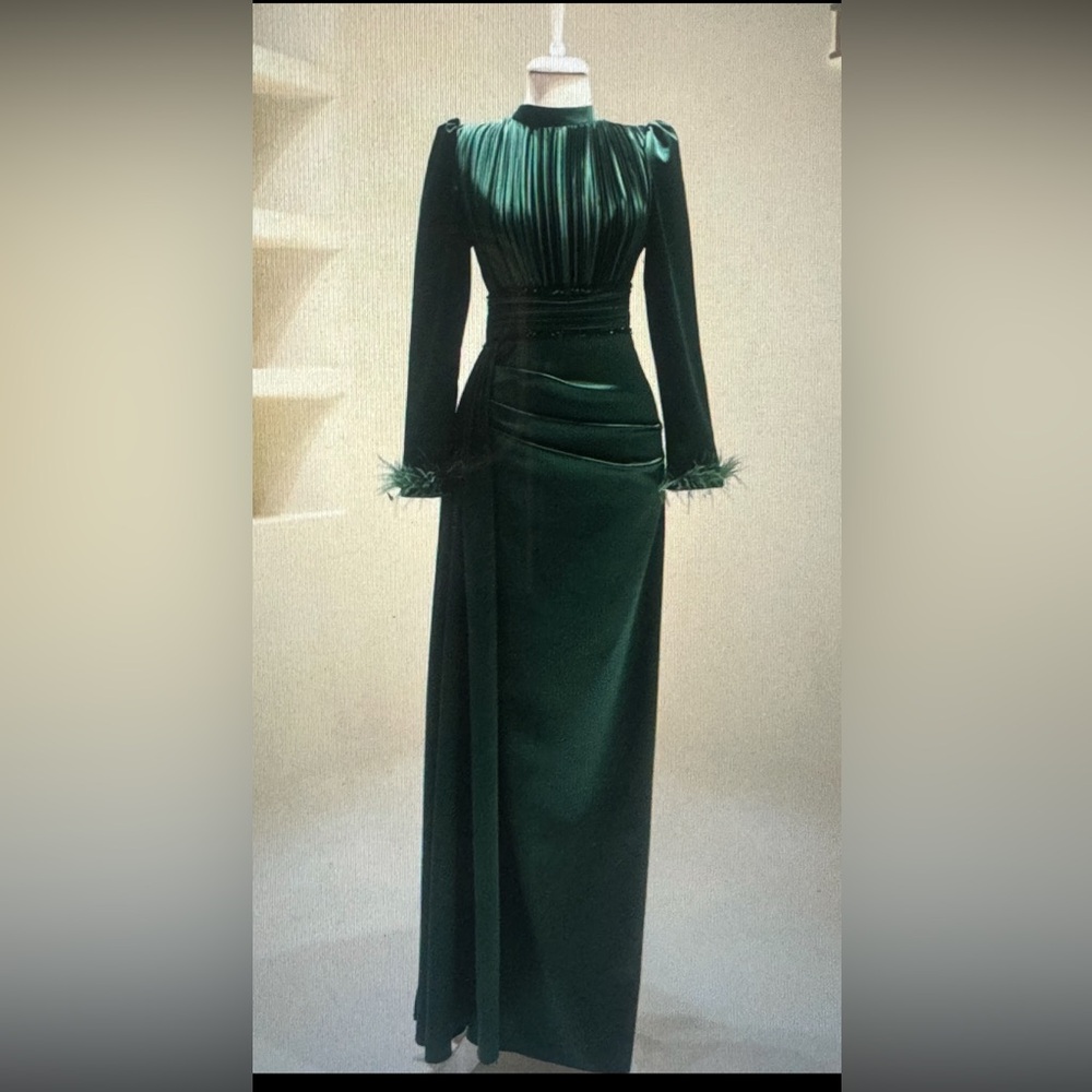 Forest Green Long Sleeve Maxi Dress with Feather Trim